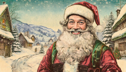 Fototapeta premium Santa Claus posing for a selfie in a old snowy village among old wooden houses, old style cartoon