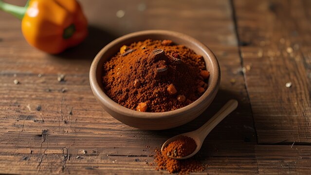 A vibrant Caribbean jerk spice blend featuring allspice, Scotch bonnet peppers, cinnamon, and nutmeg, spread across a tropical wooden table, evoking the fiery flavors of the Caribbean.