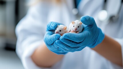 A lab technician carefully holds two white mice in blue gloves, highlighting precision and care in scientific research within a modern laboratory setting.