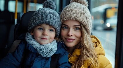 Obraz premium A joyful mother and her child wearing cozy winter attire are together on a bus, capturing a heartwarming moment of togetherness against the urban backdrop.