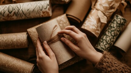A person carefully tying a rustic string around a gift wrapped in elegant decorative paper, with several rolls of festive wrapping paper in the background, creating a holiday preparation atmosphere