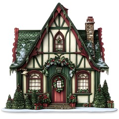 Fototapeta premium Festive Christmas Cottage with Snow Evergreen Trees and Decorations