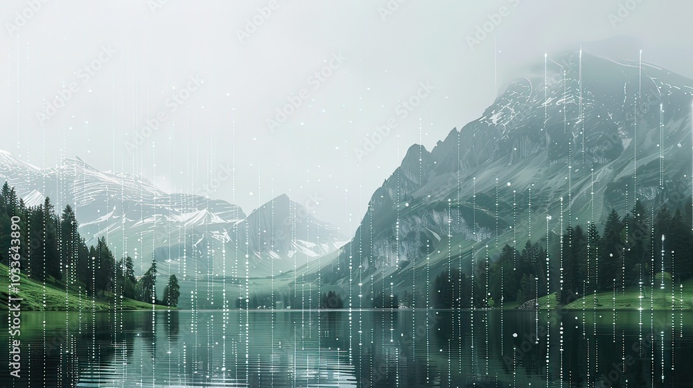 Poster a graphic showing data analytics overlaid on a natural landscape, merging environmental insights wit