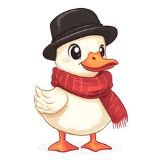 Obraz premium Cute Cartoon Duck Wearing Hat and Scarf Winter Animal Illustration