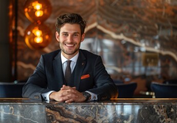 Homme d'affaires souriant en costume avec les mains croisées, accoudé à un table dans un hôtel et regardant de face