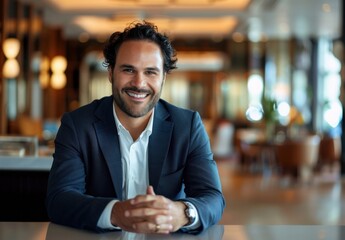 Obraz premium Homme d'affaires souriant en costume avec les mains croisées, accoudé à un table dans un hôtel et regardant de face