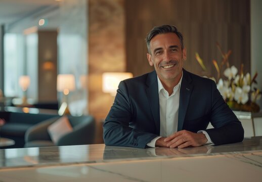 Homme d'affaires souriant en costume avec les mains crois&eacute;es, accoud&eacute; &agrave; un table dans un h&ocirc;tel et regardant de face