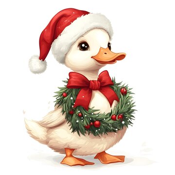 Cute Christmas Duckling in Santa Hat with Wreath