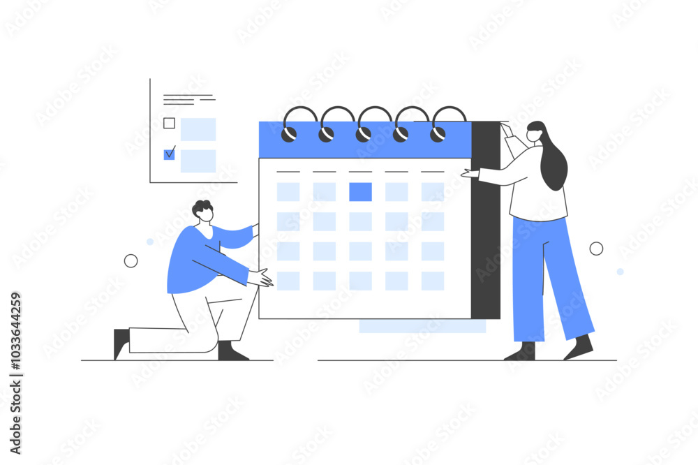 Aufkleber time management. characters organizing schedule, planning calendar appointments and successfully com