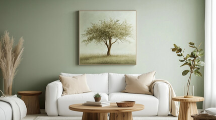 A simple living room with light green walls