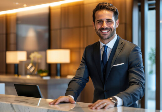 Portrait d'un concierge, r&eacute;ceptionniste d'h&ocirc;tel, souriant et regardant de face