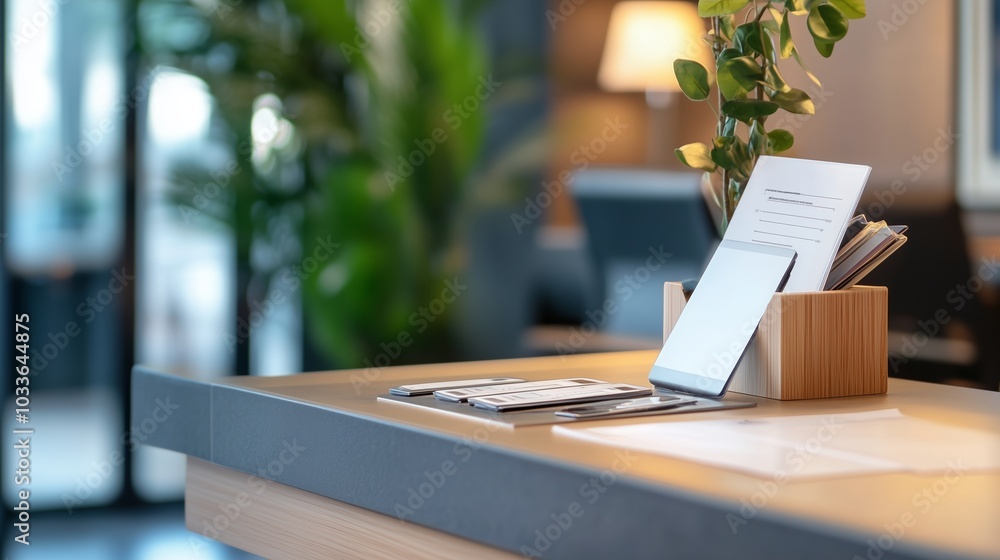 Aufkleber modern reception area with a neat desk featuring stationery and greenery, creating a welcoming atmos