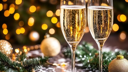 Two champagne flutes with bubbles, surrounded by festive decorations and a blurred background of lights.