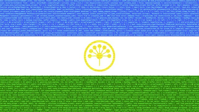 Binary code on flag of Bashkortostan. Program source code or Hacker concept on Bashkir flag. Bashkortostan digital technology security, hacking or programming
