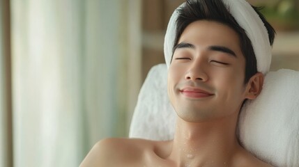 Fototapeta premium Asian man on spa procedure. Asian man in spa salon. Asian self-care. Cosmetology.