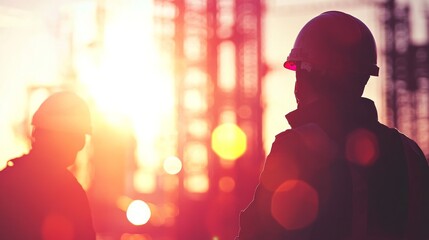 Engineers and construction workers silhouetted in a dynamic pose, a blurred industrial site behind them, with vibrant light flares casting an atmospheric glow