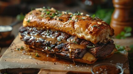 A mouth-watering sandwich on a board with herbs,