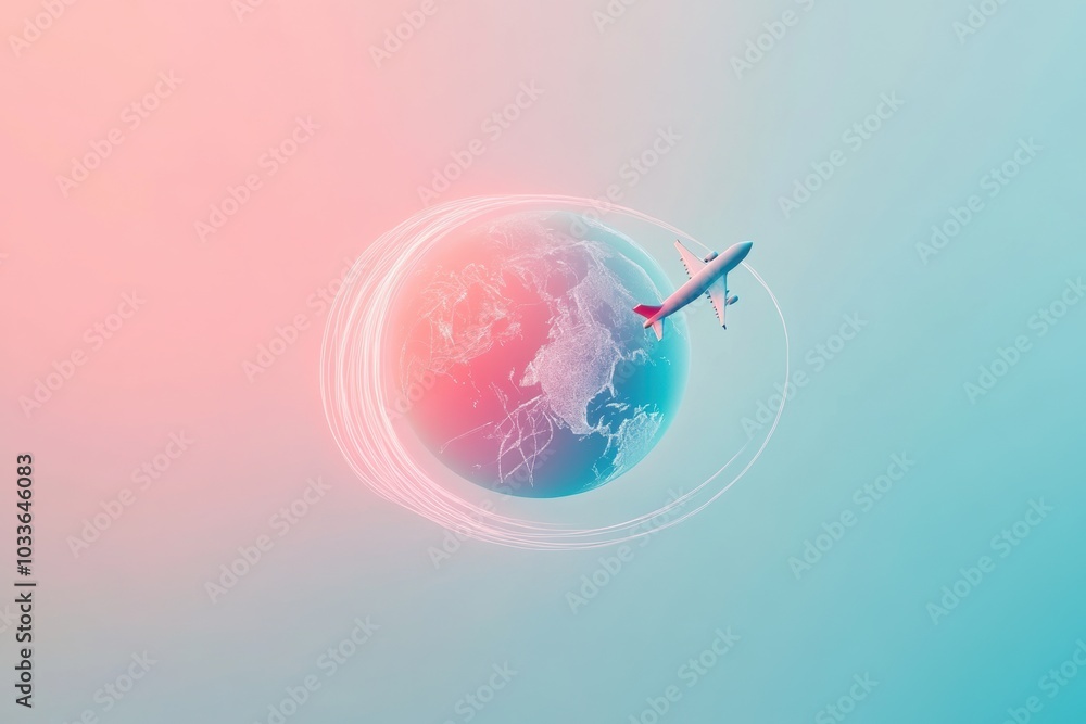 Poster An airplane departs from a globe, leaving a trail that signifies exploration and global adventure in a vibrant, minimalist style. Generative AI