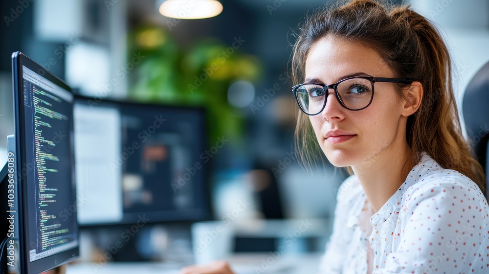 Aufkleber a young woman wears glasses as she works diligently on a computer with programming code visible on t