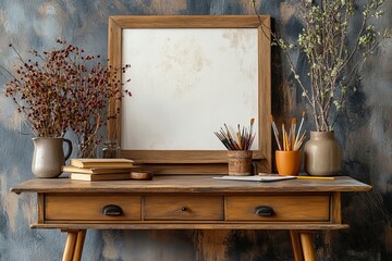 Stylish composition of artist workspace room with design retro teak commode, mock up poster frame, book, decoration and elegant accessories. Template, Generative AI