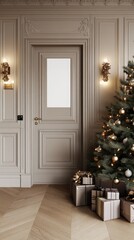 The living room is adorned for Christmas, showcasing a blank poster frame on the wall, a beautifully decorated tree, and gift boxes neatly arranged around a soft beige sofa