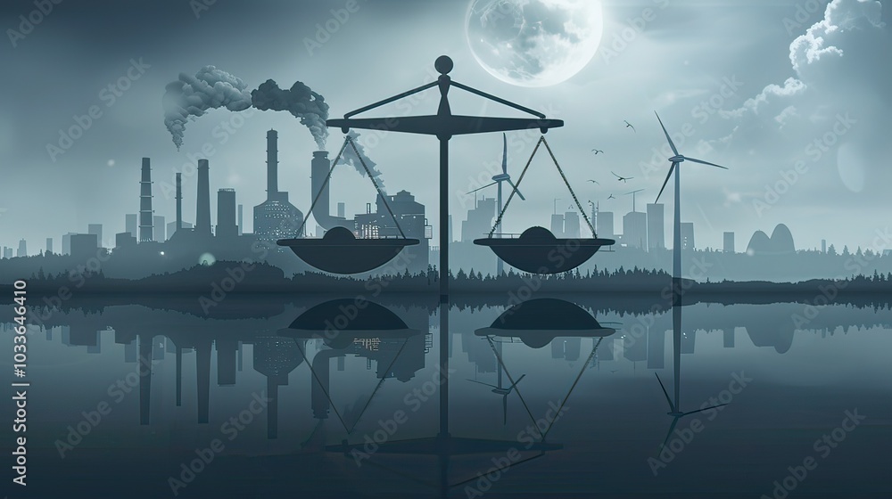 Poster an infographic-style image depicting a balanced scale with carbon emissions on one side and renewabl