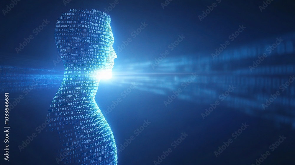 Poster digital human figure with binary code overlay