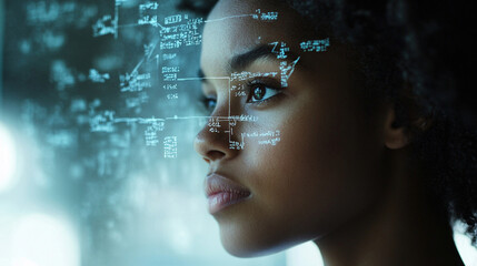 The Mind's Equation: A captivating portrait of a young woman gazing intently through a window, her face overlaid with complex mathematical equations.