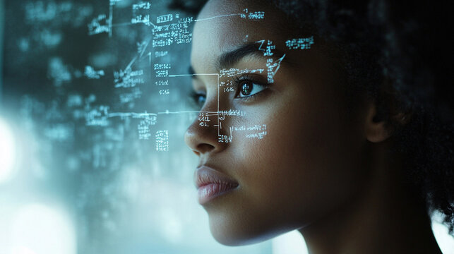 The Mind's Equation: A captivating portrait of a young woman gazing intently through a window, her face overlaid with complex mathematical equations. - Powered by Adobe