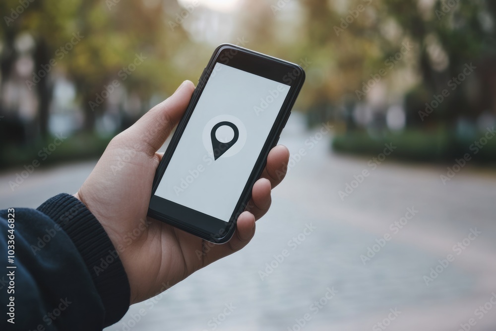 Leinwandbilder a male hand grasps a mobile phone showing a location pin while strolling along a pathway in a serene