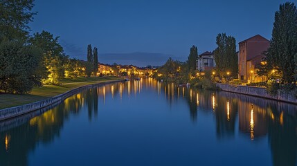 Serene night view of a river reflecting city lights and trees along the banks.
