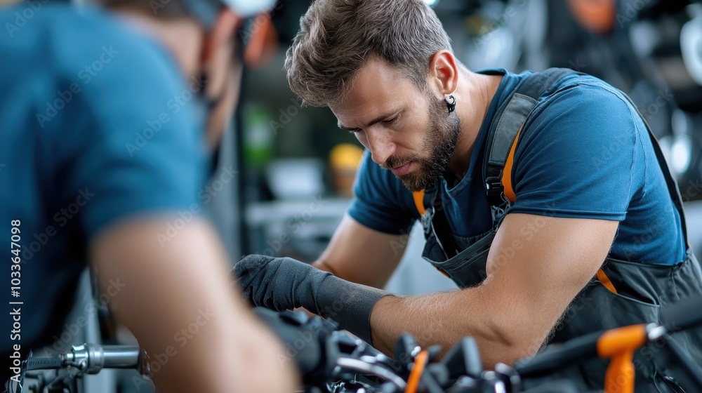 Aufkleber a focused mechanic works diligently on repairing a machine part, displaying concentration and expert