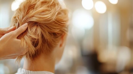 Fototapeta premium The back view of a woman's intricately styled hair in a salon setting, embodying the culmination of beauty, creativity, and expert hairstyling techniques.