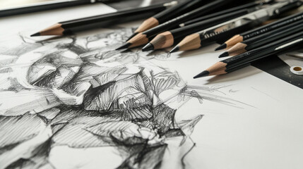 Obraz premium Pencil Sketch: A close-up shot of a detailed pencil sketch on a white paper with a set of sharpened pencils lying across the drawing.