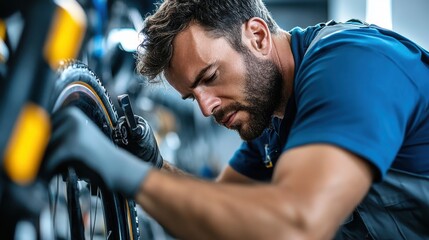 A mechanic is deeply engaged in adjusting the wheel of a bicycle, reflecting intense concentration and mechanical proficiency in a detailed and focused workshop setting.