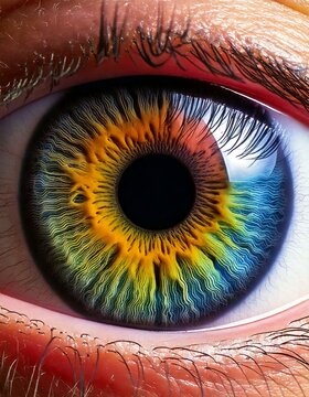 Nahaufnahme von einem Auge mit einer mehrfarbigen Pupille.