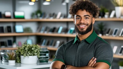 A friendly sales consultant with arms crossed stands confidently in a modern electronics store, showcasing shelves filled with various gadgets and smartphones, ready to assist customers
