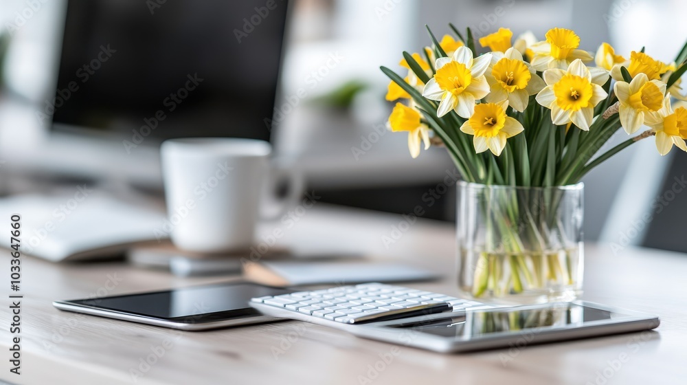 Poster a digital workspace captures a neat desk with a bouquet of yellow flowers, displaying modern technol