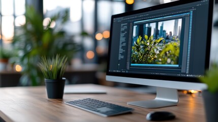 A desktop computer displays a vibrant image of plants with city lights beyond, blending natural and urban elements in a blurred and artistic composition.