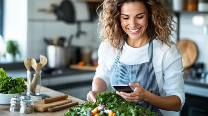 A joyful woman with curly hair is wearing an apron, using her smartphone while chopping fresh vegetables in a bright kitchen, highlighting modern multitasking.