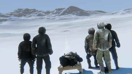 3D Animation of a crew of plane crash looking back at their wreckage in Antarctica