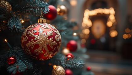 Closeup of decorated Christmas tree with baubles. Festive ornaments in various colors, including shiny baubles, nestled among lush green branches. Lights, tinsel and fairy lights on Christmas tree