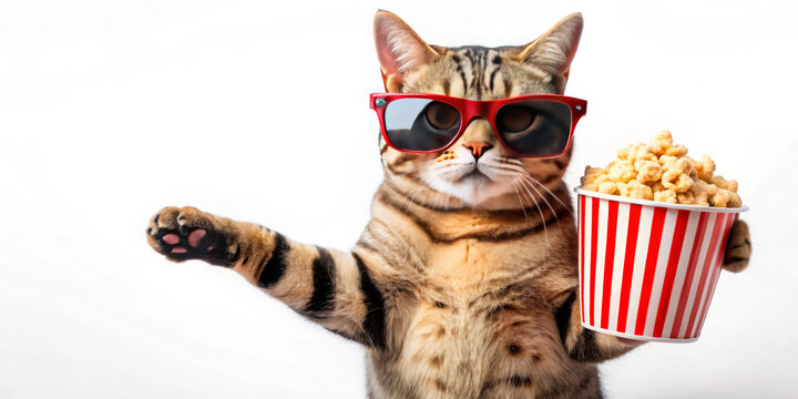 A playful cat with red sunglasses holds a popcorn bucket, standing against a white background. Perfect for businesses in entertainment, pet products, or promotions related to fun events and social med