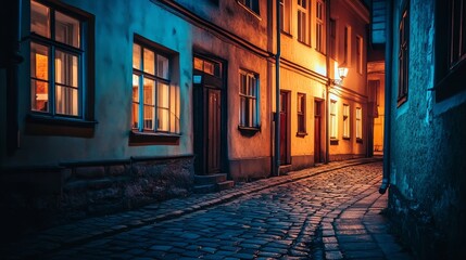 Fototapeta premium A quiet, illuminated cobblestone street at night, showcasing charming architecture and warm lighting.