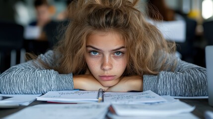 A student with disheveled hair intensely focused on her schoolwork, surrounded by papers and notebooks, conveying a sense of determination and academic diligence.