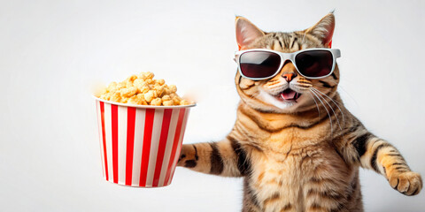 Obraz premium A playful cat with red sunglasses holds a popcorn bucket, standing against a white background. Perfect for businesses in entertainment, pet products, or promotions related to fun events and social med