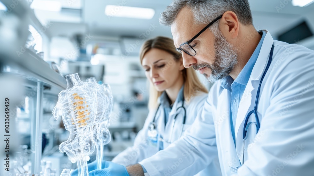 Poster two doctors are focused on examining a transparent 3d model of a human skeleton in a laboratory, ill