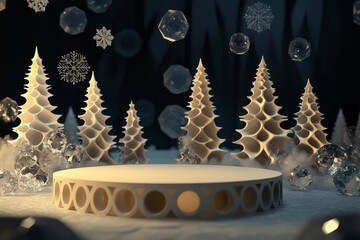 Festive winter Christmas podium decorated with glowing lights and ornaments background