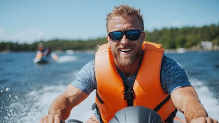 A man wearing a bright orange life vest enjoys a thrilling ride on a jet ski amidst a scenic background, portraying adventure, excitement, and enjoyment of outdoor activities.