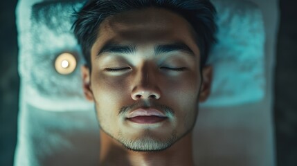 Asian man on spa procedure. Asian man in spa salon. Asian self-care. Cosmetology.